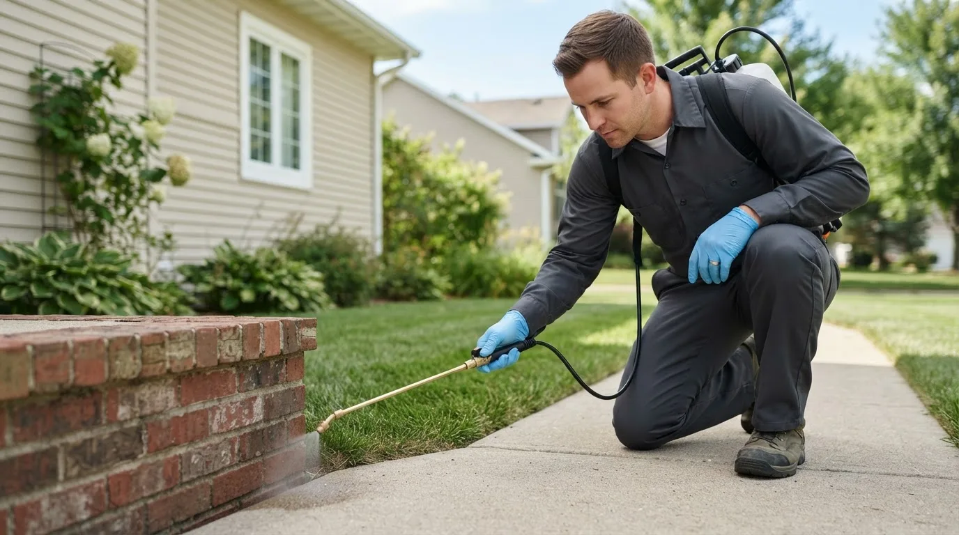 Pest control technician treating a home near College Corner, OH