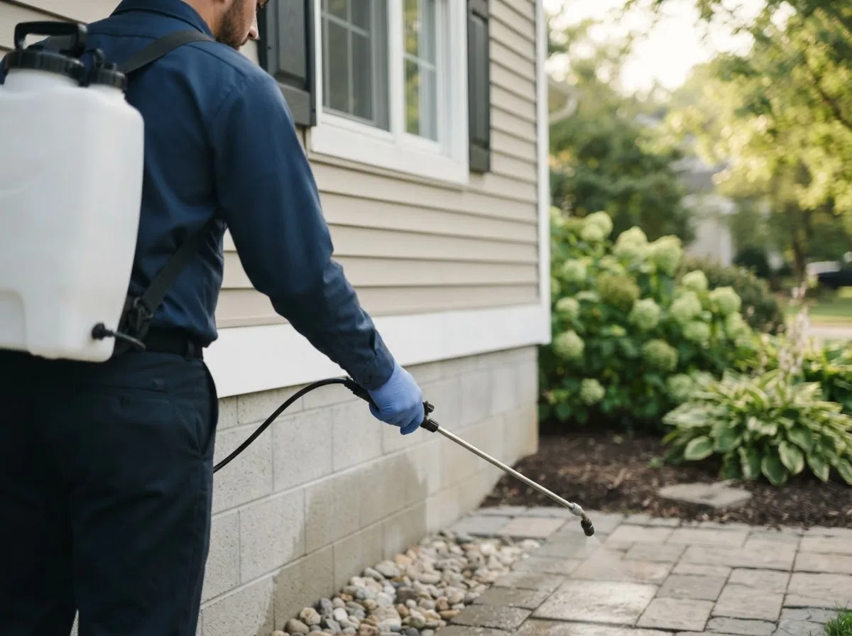 Pest control technician inspecting a home in College Corner, OH